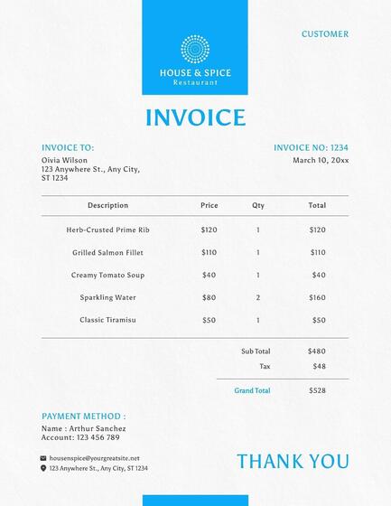 White Blue Restaurant Invoice