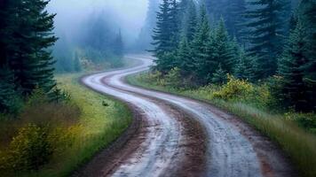 Curved road through a misty pine forest with low-hanging clouds , real photos video