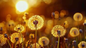 Golden sunset illuminating a dandelion field, evoking feelings of optimism and the fragility of life flowers in spring in a field video
