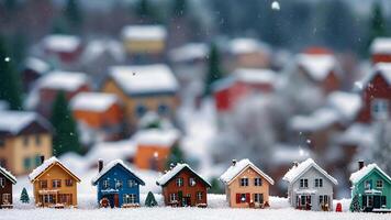 Charming miniature christmas village adorned with gentle snowfall, evoking a cozy and enchanting winter wonderland video