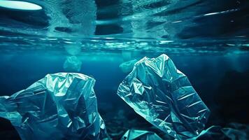 vistoso el plastico residuos en agua basura flotante submarino, destacando ambiental contaminación y el urgente necesitar para conservación video
