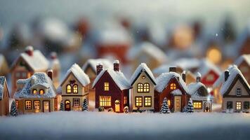 Charming miniature christmas village adorned with gentle snowfall, evoking a cozy and enchanting winter wonderland video