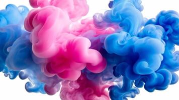 Abstract shapes formed and teal ink blending pink and blue ink in water on a white background video