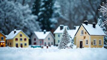 Charming miniature christmas village adorned with gentle snowfall, evoking a cozy and enchanting winter wonderland video