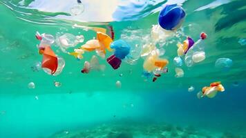 vistoso el plastico residuos en agua basura flotante submarino, destacando ambiental contaminación y el urgente necesitar para conservación video