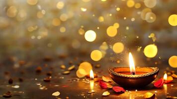 Diwali celebration with traditional oil lamp casting golden glitter and bokeh on festive scene copy space for your text video