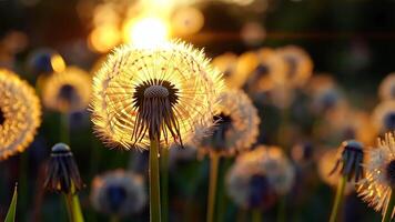 d'or le coucher du soleil éclairant une pissenlit champ, évoquant sentiments de optimisme et le fragilité de la vie fleurs dans printemps dans une champ video