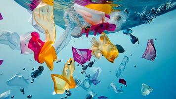 Colorful plastic waste in water garbage floating underwater, highlighting environmental pollution and the urgent need for conservation video