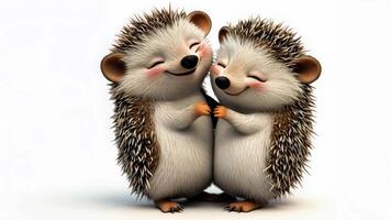 Two cute hedgehogs are hugging each other with closed eyes and smiling, showing love and affection on a transparent background video