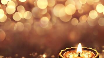 Diwali celebration with traditional oil lamp casting golden glitter and bokeh on festive scene copy space for your text video