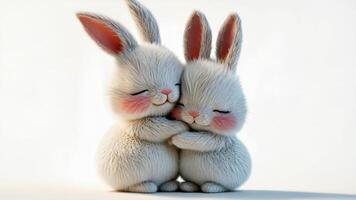 3d icono enamorado dos adorable dibujos animados conejos abrazando cada otro en transparente antecedentes video