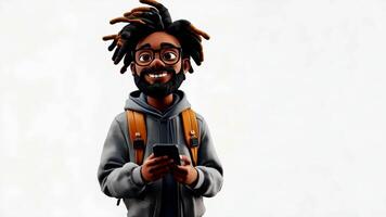 3d icon of a smiling student man dreadlocks using smartphone, wearing glasses, backpack and casual clothes, isolated on transparent background video