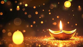 Diwali celebration with traditional oil lamp casting golden glitter and bokeh on festive scene copy space for your text video