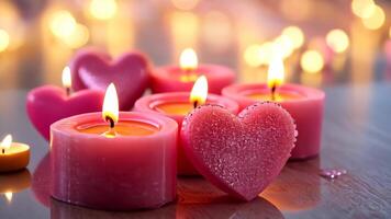 Romantic ambiance, heart shaped pink candles aglow with bokeh background, setting the perfect mood for valentine day video