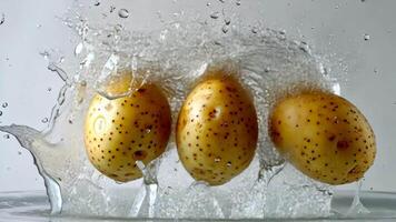 Three potatoes create a lively and invigorating sight as they are washed, making a splash by water against a white background video