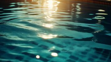 Golden sunset light reflecting on a gently moving water surface, creating beautiful bokeh and highlights background video
