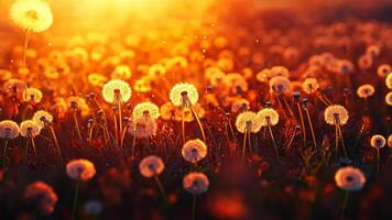 Golden sunset illuminating a dandelion field, evoking feelings of optimism and the fragility of life flowers in spring in a field video