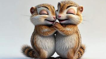 Two adorable cartoon chipmunks hugging with closed eyes and transparent background video