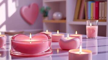 Romantic ambiance, heart shaped pink candles aglow with bokeh background, setting the perfect mood for valentine day video
