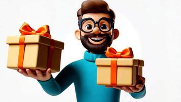 3d icon of a joyful man with spectacles and a beard holding a brightly wrapped present, on a clear background video
