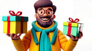 3d icon of a joyful man with spectacles and a beard holding a brightly wrapped present, on a clear background video