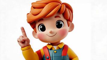 3d icon cartoon boy with red hair and blue overalls pointing up with his index finger, isolated on transparent background video
