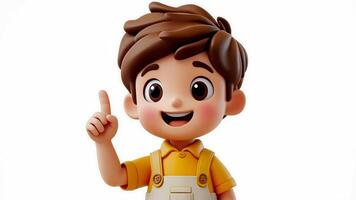3d icon cartoon boy with red hair and blue overalls pointing up with his index finger, isolated on transparent background video