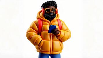 3d icon of a smiling student man using smartphone, wearing glasses, backpack and casual clothes, isolated on transparent background video