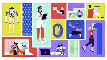 Software development people bento grid animation. Data scientist, programmers. Web developers multicultural collage motion 4K web design. Animated cartoon characters collection mood board video