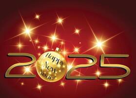 2025 Happy New Year background design featuring glowing golden stars on a red backdrop. vector