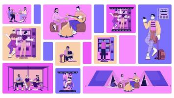 Feel nostalgic lo fi vibes bento grid animation. Bus stop, camping. Couple dates, leisure friends diverse lofi collage motion 4K web design. Animated cartoon characters collection mood board video