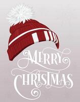A red beanie hat with an extra-fluffy pom-pom. vector