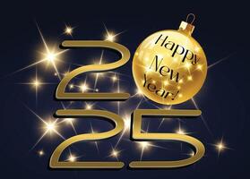 2025 Happy New Year background design featuring glowing golden stars on a blue backdrop. vector