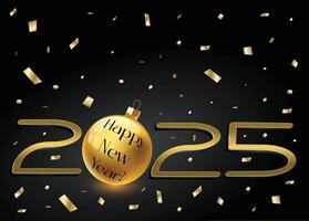2025 Happy New Year background design featuring shimmering golden confetti on a black backdrop. vector
