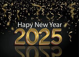 2025 Happy New Year background design with sparkling golden lettering and confetti on a black backdrop. vector