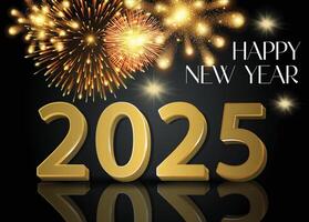 2025 Happy New Year background design featuring glowing golden lettering on a black backdrop with fireworks. vector