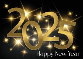 2025 Happy New Year written in golden lettering on a black background. vector