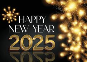 2025 Happy New Year background design with radiant golden fireworks set against a black backdrop. vector