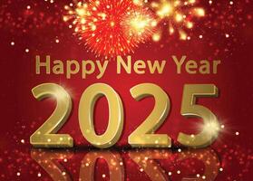 2025 New Year celebration card featuring sparkling golden glitter and fireworks on a red background. vector