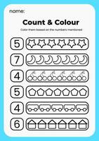 children's worksheets about counting and coloring. activity sheets that can help children learn to count and color vector