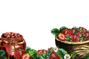 A banner with strawberry jam in a jar and fresh strawberries in a wooden bowl. Handmade watercolor illustration. Preparations for the winter. Highlight it. For packaging, labels and flyers, banners. png