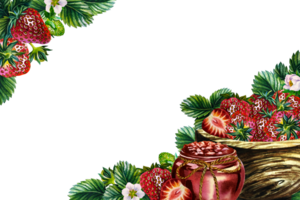 A frame with strawberry jam in a jar and fresh strawberries in a wooden vase. Handmade watercolor illustration. Preparations for the winter. Highlight it. For packaging, labels and flyers, stickers. png