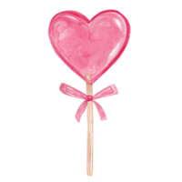 watercolor pink heart shaped lollipop on a stick with pink bow isolated png