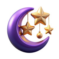 Purple Crescent Moon and Golden Stars 3D Render png