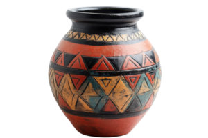 Traditional handcrafted ceramic pot featuring intricate geometric patterns and vibrant colors from indigenous culture png