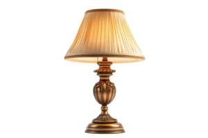 Elegant vintage table lamp with pleated shade and ornate base for soft illumination in a cozy setting png
