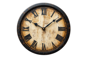 Vintage wall clock with Roman numerals features rustic design and aged appearance for timeless elegance png