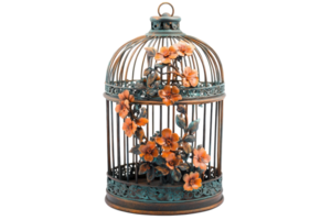Decorative birdcage featuring vibrant flowers set against a neutral background with intricate detailing and craftsmanship png