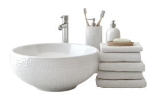 Modern bathroom setup featuring a sleek basin, plush towels, and essential toiletries in a minimalist style png