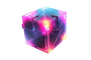 Colorful glow of a transparent cube with vibrant lights at an art installation png